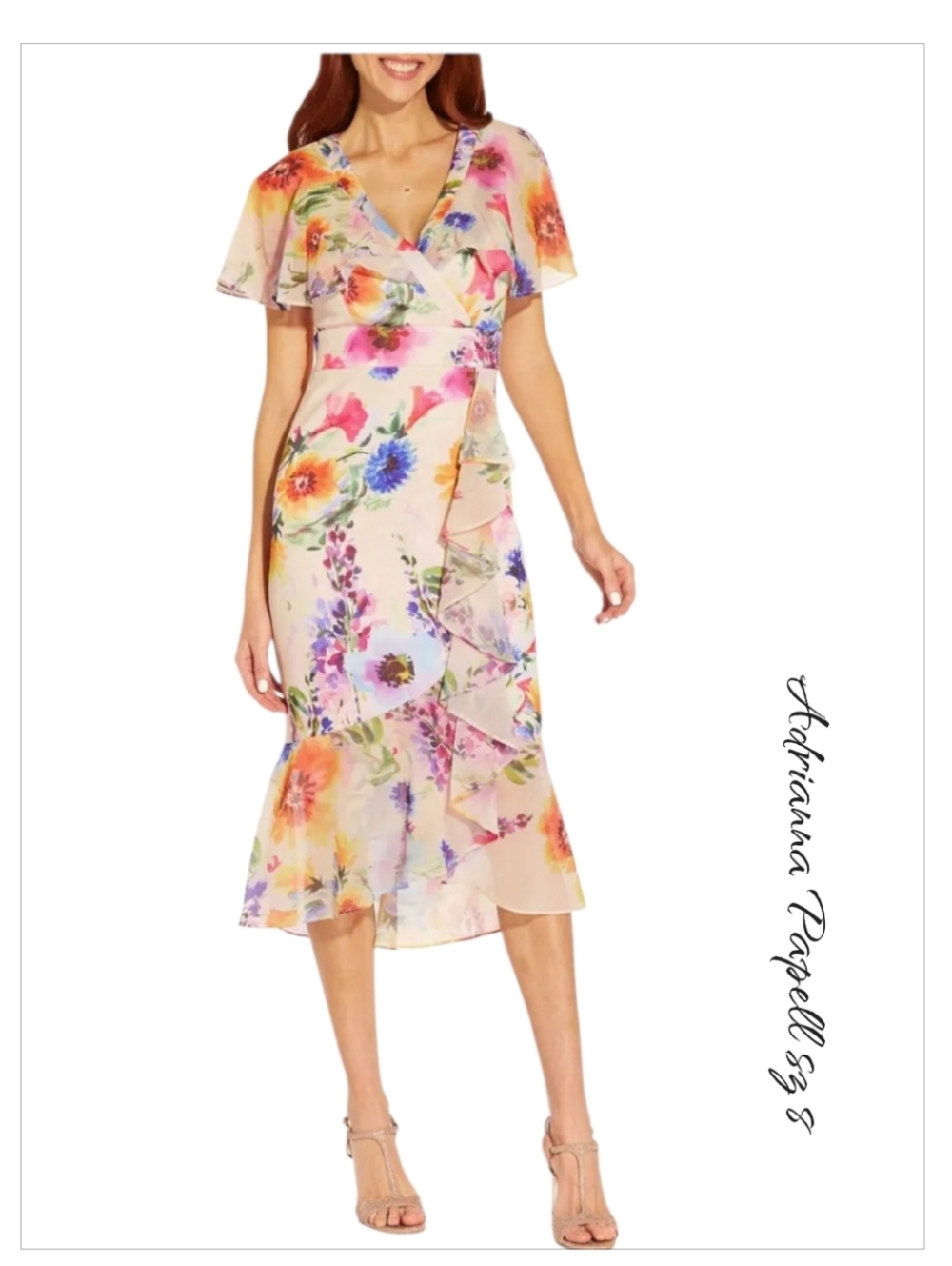Adrianna Papell Floral Chiffon Wedding Guest Midi Dress Ruffle 8